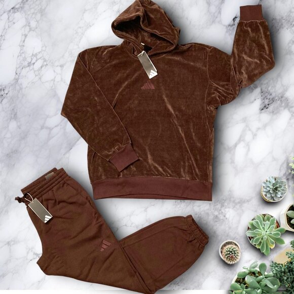 NWT 2 PC ADIDAS matching outfit size L hoodie sweatshirt velour and jogger pants - Picture 2 of 3